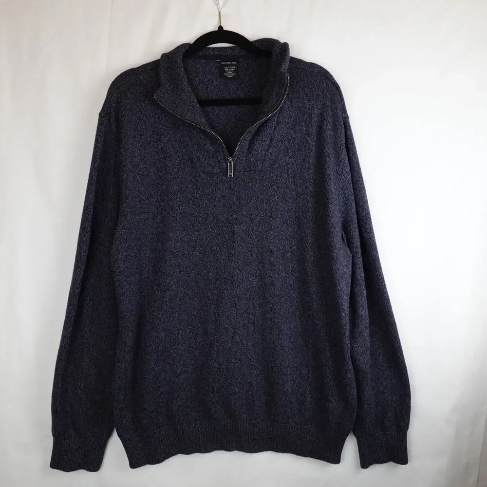 Calvin Klein Pullover Knit Sweater Men's XXL Navy Blue 1/4 Zip Up Mock Neck Fall - Picture 9 of 10